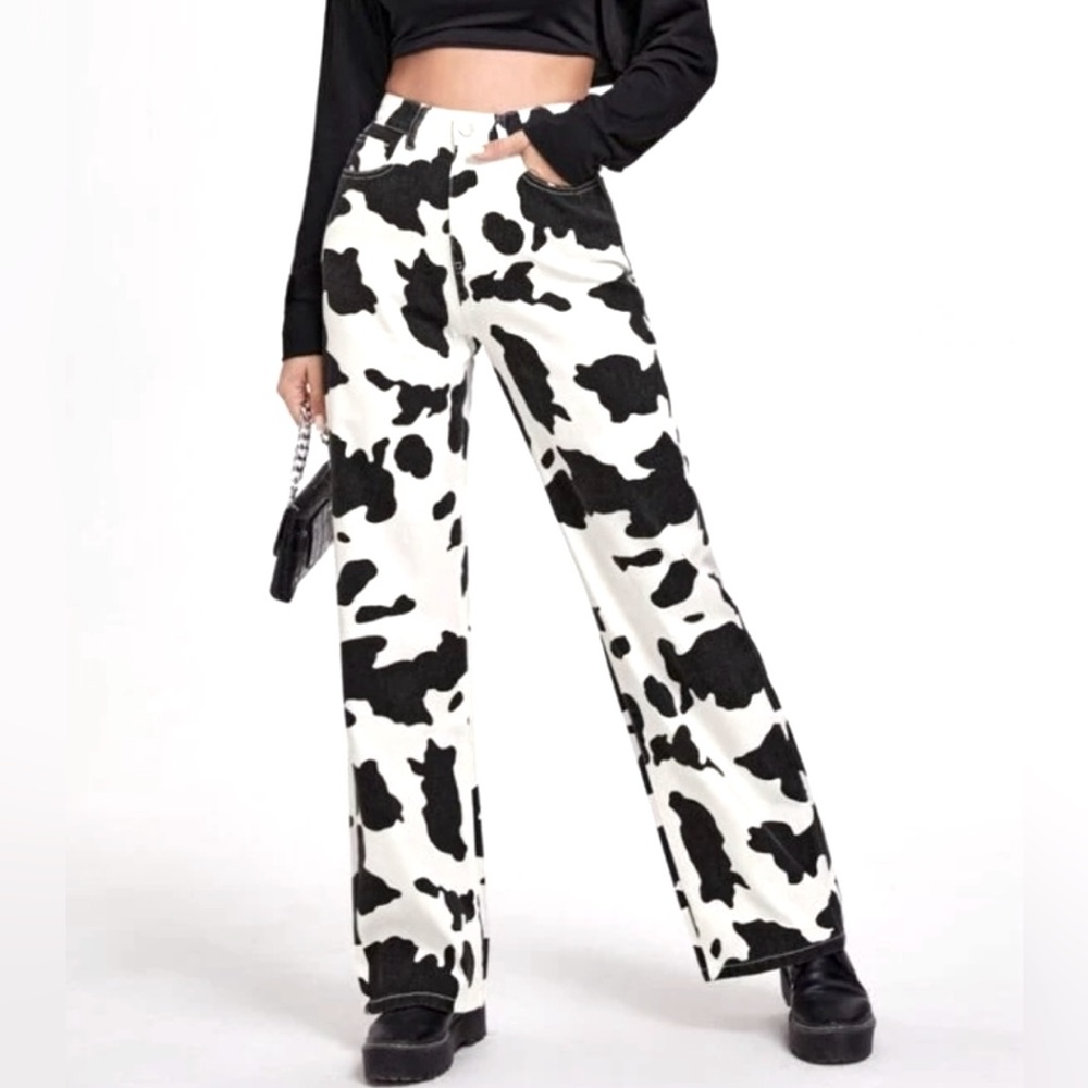 NWOT Shein Cow Print High-Rise Wide Leg Jeans Size Women’s XXS - 24